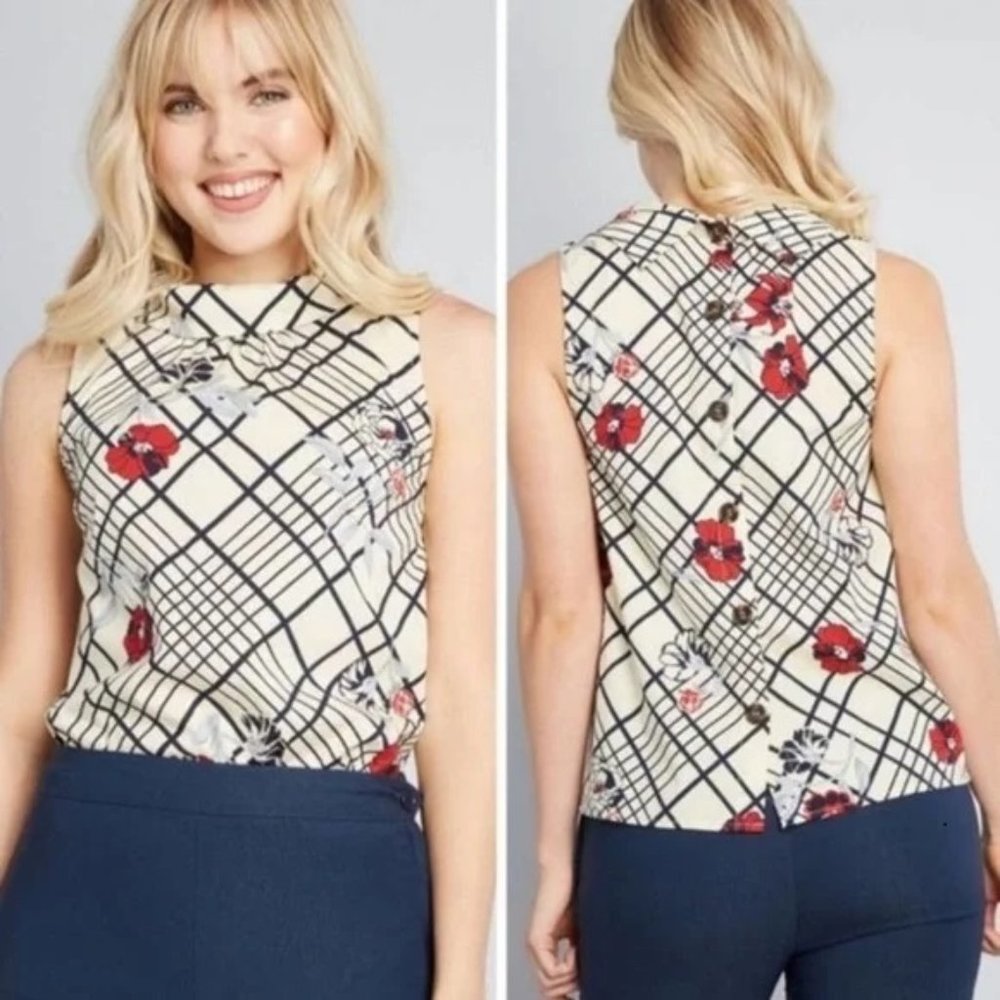 Modcloth Optimal Polish Back Button Plaid Floral Top